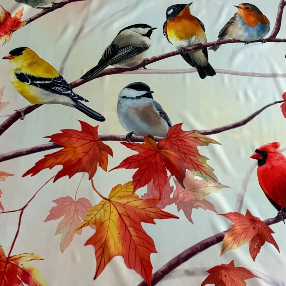 Colorful Oversized Autumn Fall Leaves & Birds Print Fabric Shower Curtain 🍁